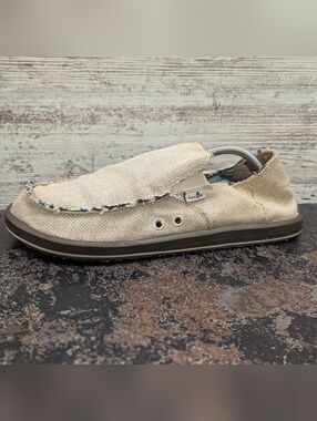 Mens Sanuk Vagabond Loafers Shoes Sz 11 Used Beige Canvas Comfort Casual Hippy